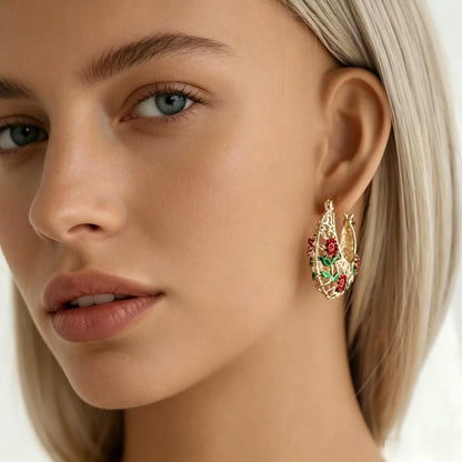 Women's Gold-Plated Floral Hoop Earrings - Enamel Rose, Hollow Design, Vintage Bohemian Costume Jewelry