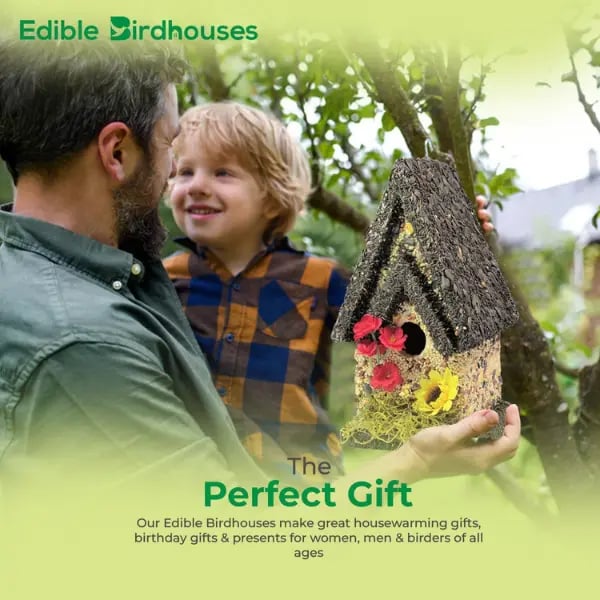 Edible Bird Feeder - Dark Roof Tall Birdhouse Handcrafted in USA Solid Wood Premium Birdseed Blend Attracts Songbirds Deters Squirrels with Chili Flakes