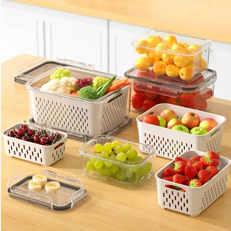 BPA-Free-Double DrainerFruit & Vegetable Storage Box,,Kitchen Accessories Storage Organizer, Household Essentials Durable