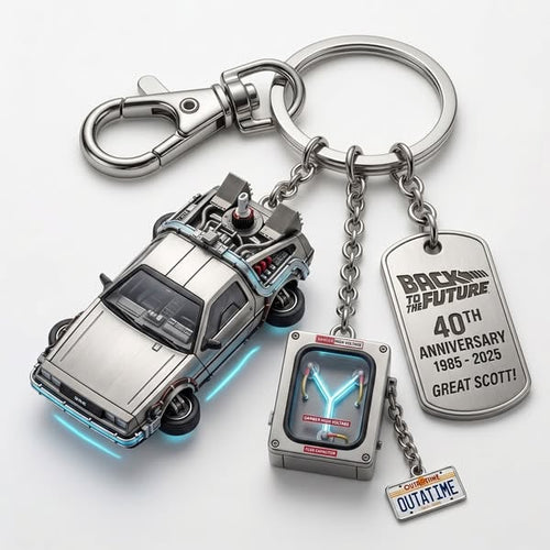 🔥Back to the Future 40th Anniversary Keychain | Zinc Alloy | Glow-in-the-Dark Flux Capacitor & DeLorean Charms