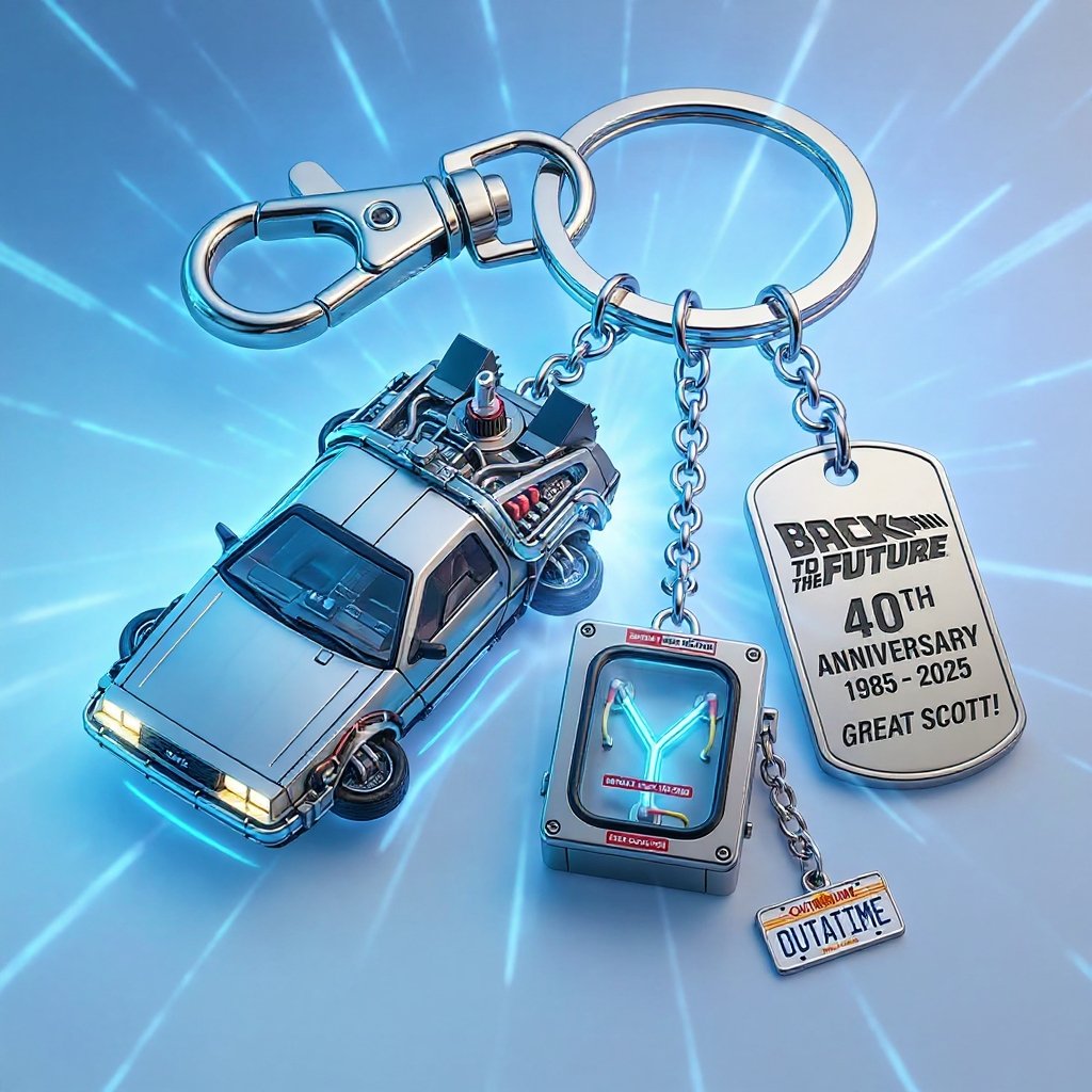 🔥Back to the Future 40th Anniversary Keychain | Zinc Alloy | Glow-in-the-Dark Flux Capacitor & DeLorean Charms