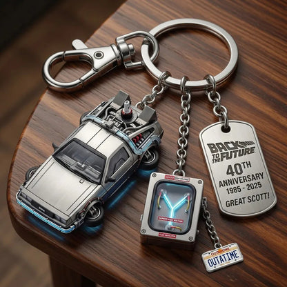🔥Back to the Future 40th Anniversary Keychain | Zinc Alloy | Glow-in-the-Dark Flux Capacitor & DeLorean Charms
