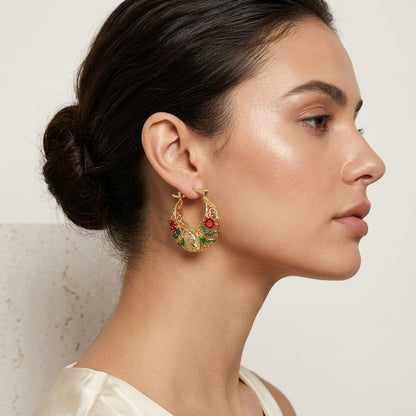 Women's Gold-Plated Floral Hoop Earrings - Enamel Rose, Hollow Design, Vintage Bohemian Costume Jewelry