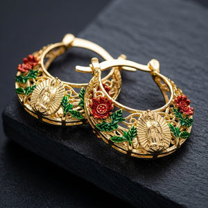Women's Gold-Plated Floral Hoop Earrings - Enamel Rose, Hollow Design, Vintage Bohemian Costume Jewelry
