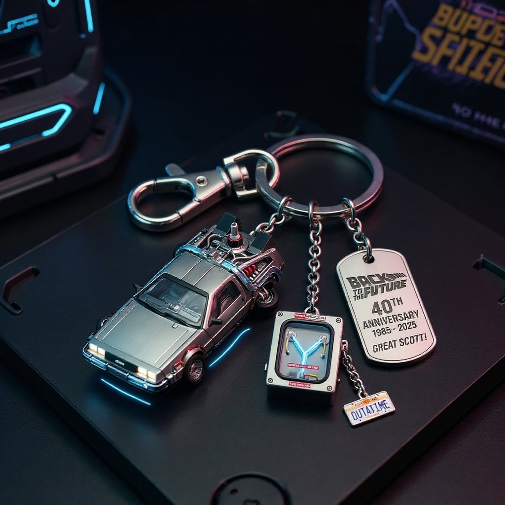 🔥Back to the Future 40th Anniversary Keychain | Zinc Alloy | Glow-in-the-Dark Flux Capacitor & DeLorean Charms
