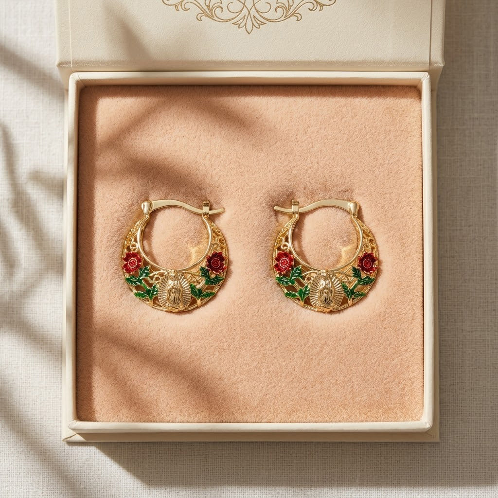 Women's Gold-Plated Floral Hoop Earrings - Enamel Rose, Hollow Design, Vintage Bohemian Costume Jewelry