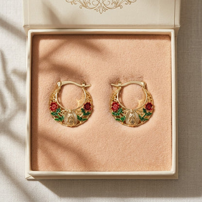 Women's Gold-Plated Floral Hoop Earrings - Enamel Rose, Hollow Design, Vintage Bohemian Costume Jewelry