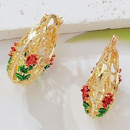 Women's Gold-Plated Floral Hoop Earrings - Enamel Rose, Hollow Design, Vintage Bohemian Costume Jewelry