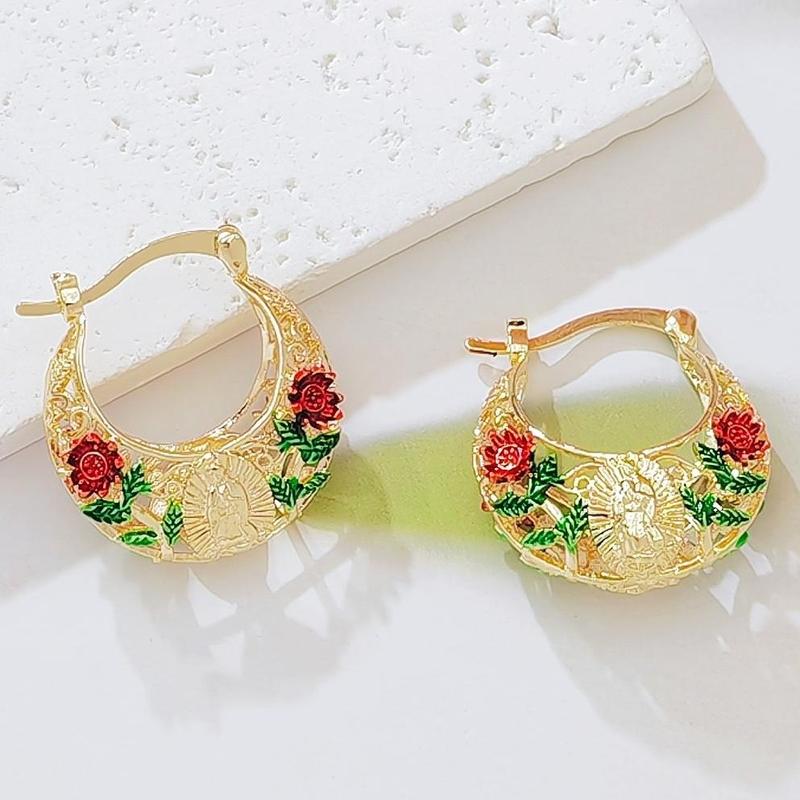 Women's Gold-Plated Floral Hoop Earrings - Enamel Rose, Hollow Design, Vintage Bohemian Costume Jewelry