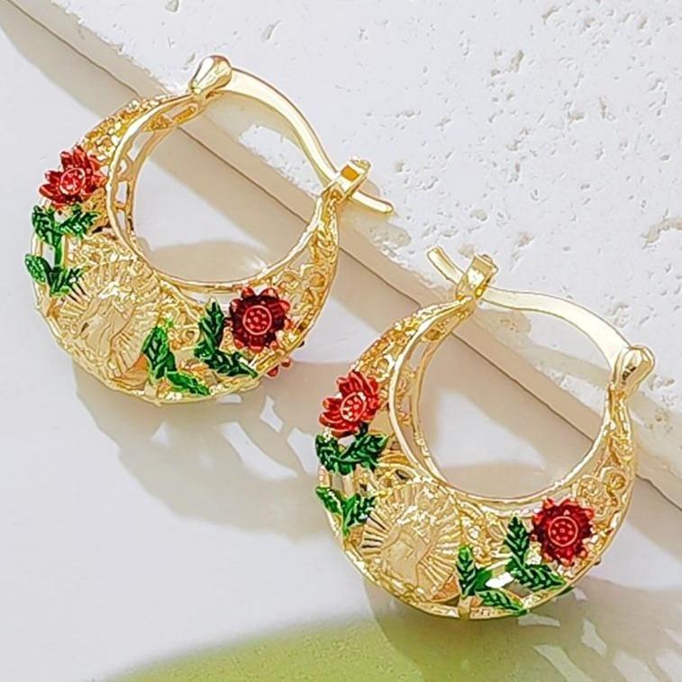 Women's Gold-Plated Floral Hoop Earrings - Enamel Rose, Hollow Design, Vintage Bohemian Costume Jewelry