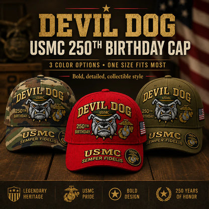 🔥 Father’s Day Sale - ❤️ Handmade Embroidered Devil Dog USMC 250th Birthday Commemorative Cap 🇺🇸