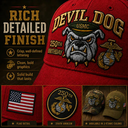 🔥 Father’s Day Sale - ❤️ Handmade Embroidered Devil Dog USMC 250th Birthday Commemorative Cap 🇺🇸
