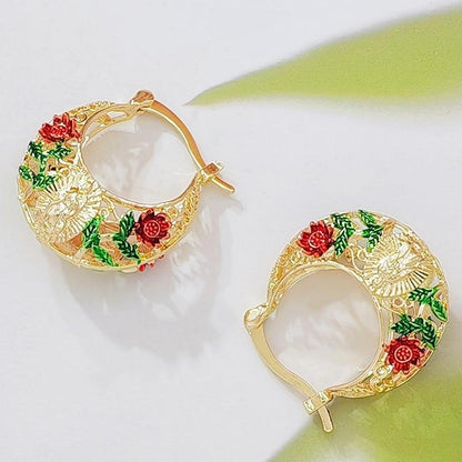 Women's Gold-Plated Floral Hoop Earrings - Enamel Rose, Hollow Design, Vintage Bohemian Costume Jewelry
