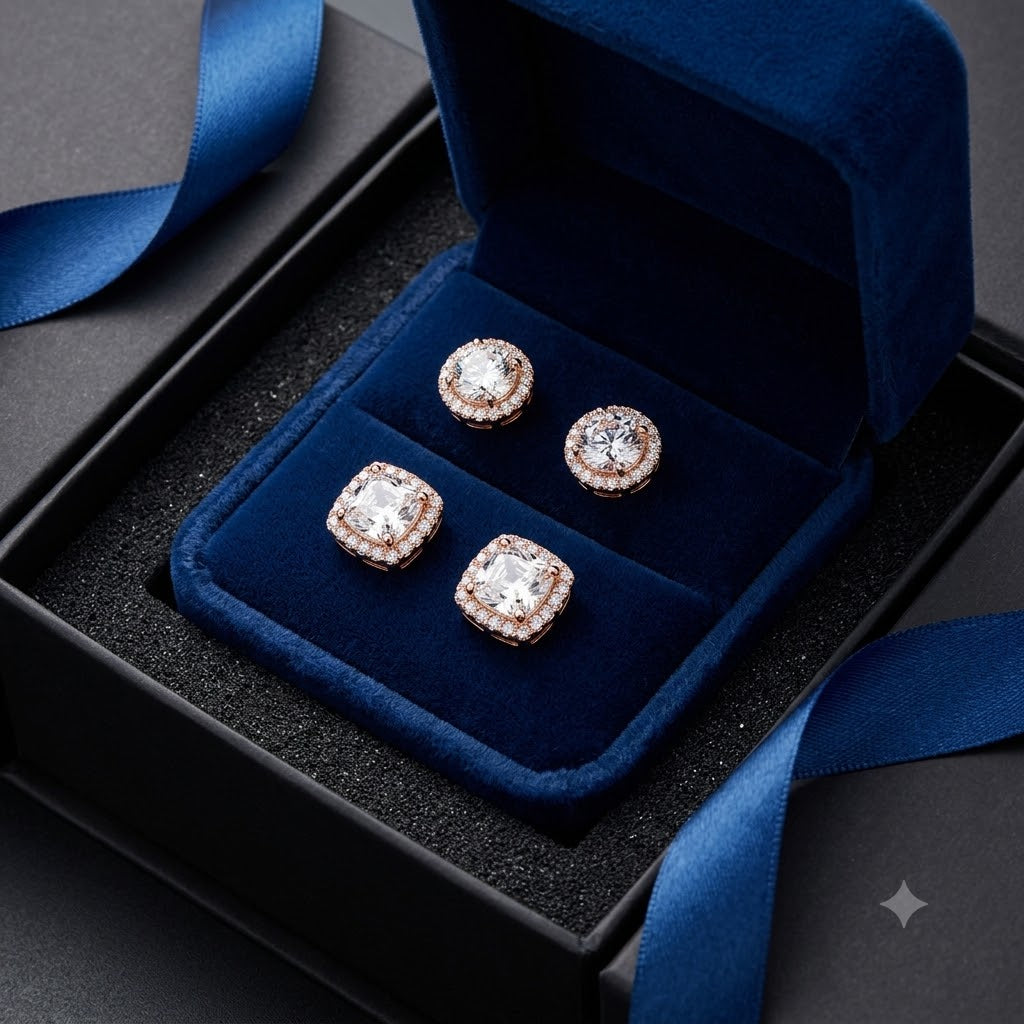 Halo Stud Earrings - Gold & Silver Round/Square Styles