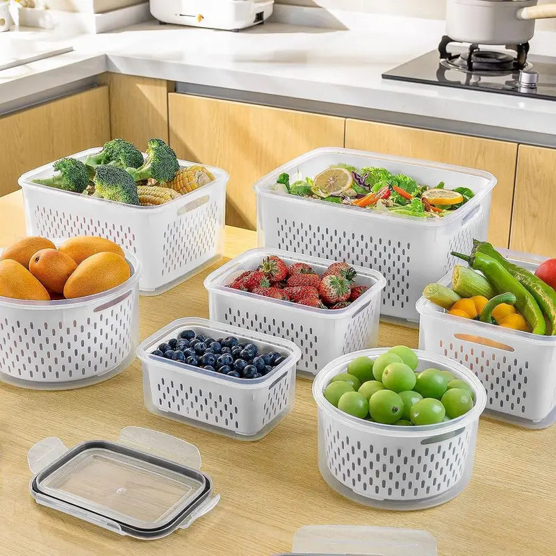BPA-Free-Double DrainerFruit & Vegetable Storage Box,,Kitchen Accessories Storage Organizer, Household Essentials Durable