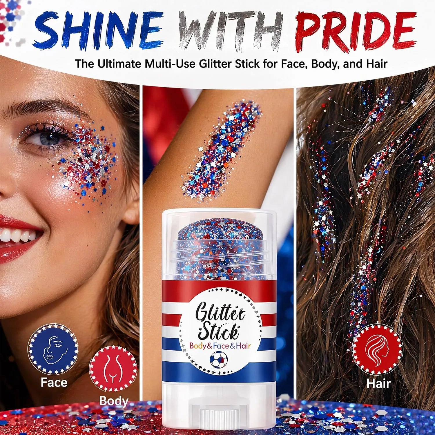 Mess-free glide-on glitter stick for face body and hair